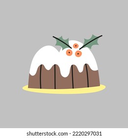 Doodle glazed bundt or flan cake with Christmas decor mistletoe isolated on grey background.