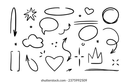 Doodle glitter pen line elements on a white background. Doodle heart, arrow, star, emphasis, speech bubble, sparkle element set icon. Simple sketch line style emphasis, attention, pattern elements. 