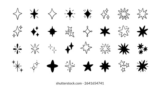 Doodle glitter twinkle star icons set. Hand drawn shine star burst symbol. Sketch magic blink collection. Doodle spark shape icons. Vector illustration on white background.