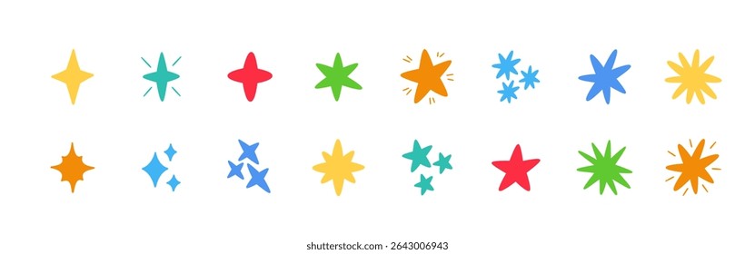 Ícones cintilantes brilhantes Doodle definido. Símbolo de explosão de estrela brilhante desenhado à mão. Esboçar a coleção de atalhos mágicos. Ícones de forma de faísca de garatuja de cor. Ilustração vetorial sobre fundo branco.