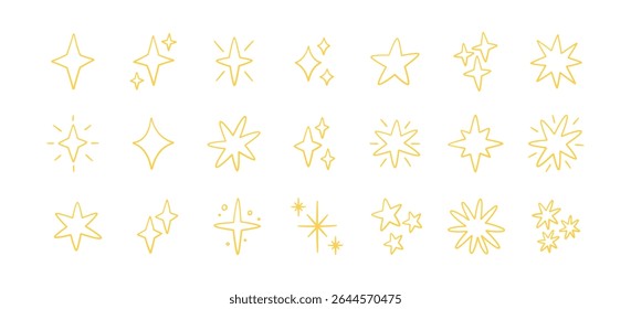 Doodle glitter twinkle star icons set. Yellow hand drawn shine star burst symbol. Sketch magic blink collection. Doodle spark line icons. Vector illustration on white background.