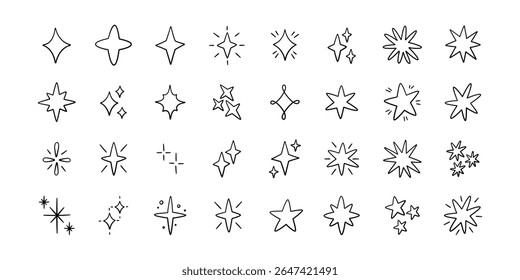 Doodle glitter twinkle star icons set. Hand drawn shine star burst symbol. Sketch magic blink collection. Doodle spark line icons. Vector illustration on white background.
