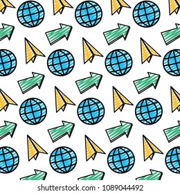 doodle global connection with paper plane and arrow background
