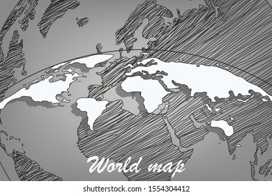 Doodle Globe. Globe drawn in black pencil. World map. Political map of the world on a gray background. Countries. Vector illustration. Drawing. Scribble. White.