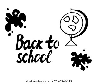 Doodle globe, hand drawn earth sphere symbol with ink blots. Back to school concept. Sketch,freehand minimalistic design, child drawing. Isolated.Vector illustration