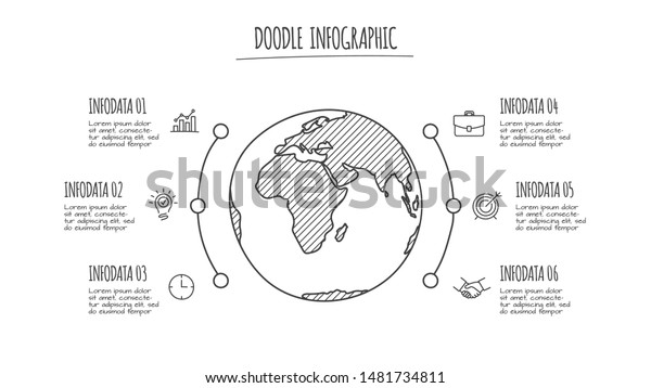 落書き風グローブインフォグラフィック 6つのオプション 手描きのアイコン 細い線のアースのイラスト のベクター画像素材 ロイヤリティフリー
