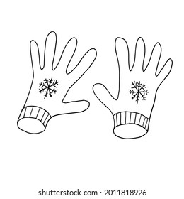 Guantes de doodle aislados en fondo blanco. Tela de invierno dibujada a mano con copos de nieve. 