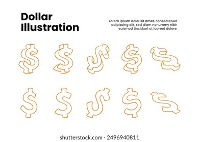 doodle gold dollar outline element design set for print and finance business. set of US dollar currency line art cartoon symbo vector illustration. playful 3d dollar line icon sign symbol flat design.