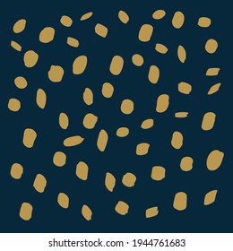 Doodle gold dots of different sizes on a dark blue background. Children's fashion beautiful background of textiles and clothing. Hand-drawn polka dots and dots. Yellow-gold dot isolated pattern. Vecto