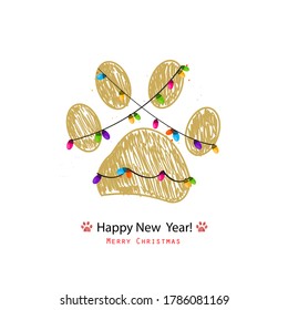 Doodle gold paw print with colorful light bulb. Happy new year and merry Christmas greeting card