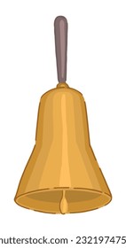 Doodle of golden hanging bell. School attributes single clipart isolated on white. Cartoon style vector illustration..