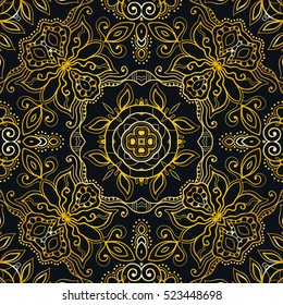 Doodle golden seamless pattern. Contemporary graphic design, geometric line seamless background, gold on a black. Vector stylish endless texture. Tribal ethnic arabic, indian, turkish ornament.