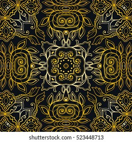 Doodle golden seamless pattern. Contemporary graphic design, geometric line seamless background, gold on a black. Vector stylish endless texture. Tribal ethnic arabic, indian, turkish ornament.