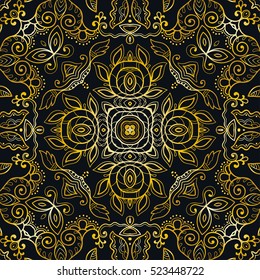 Doodle golden seamless pattern. Contemporary graphic design, geometric line seamless background, gold on a black. Vector stylish endless texture. Tribal ethnic arabic, indian, turkish ornament.