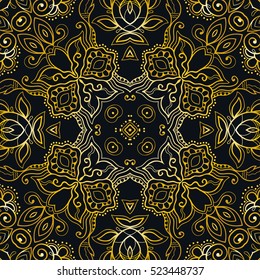 Doodle golden seamless pattern. Contemporary graphic design, geometric line seamless background, gold on a black. Vector stylish endless texture. Tribal ethnic arabic, indian, turkish ornament.