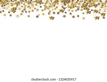 Doodle golden stars frame on white background. Flying star glitter cosmic backdrop. Scattered stars confetti vector illustration for prints, ads, invitations, postcards. 