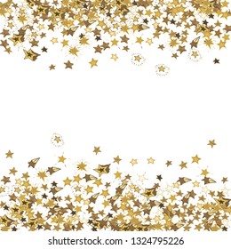 Doodle golden stars frame on white background. Flying star glitter cosmic backdrop. Scattered stars confetti vector illustration for prints, ads, invitations, postcards. 