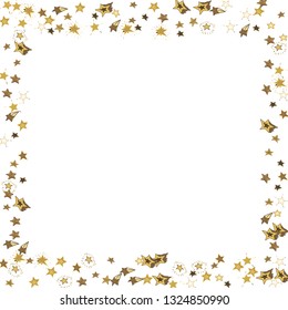 Doodle golden stars frame on white background. Flying star glitter cosmic backdrop. Scattered stars confetti vector illustration for prints, ads, invitations, postcards. 