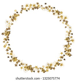 Doodle golden stars frame on white background. Flying star glitter cosmic decoration backdrop. Scattered stars confetti vector illustration for prints, ads, invitations, postcards. 