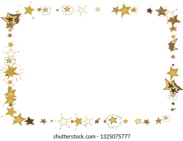 Doodle golden stars frame on white background. Flying star glitter cosmic decoration backdrop. Scattered stars confetti vector illustration for prints, ads, invitations, postcards. 