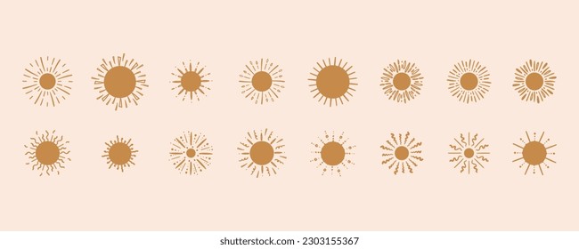 Doodle golden Sun. Luxury summer circle hand drawn elements. Monochrome silhouettes for emblem badge or logo design. Sunny weather symbol. Elegant decor. Sunshine objects. Vector isolated icon set