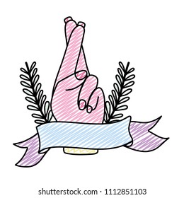 doodle good luck hand gesture with leaves and ribbon