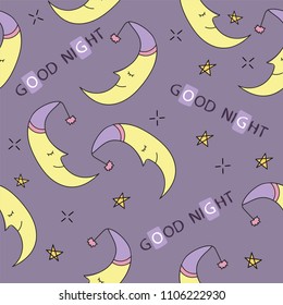 Doodle good night seamless pattern. Stars, moon. Good night. Hand drawn good night vector cover. Cartoon Funny Graphic good night