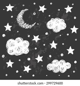 Doodle good night seamless pattern. Stars, moon, cloud. Good night. Hand drawn good night vector cover. Monochrome good night. Cartoon good night. Funny good night. Graphic good night. Good night.