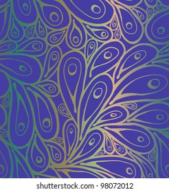 Doodle gradient peacock feathers seamless pattern with a frame on deep blue-purple background.
