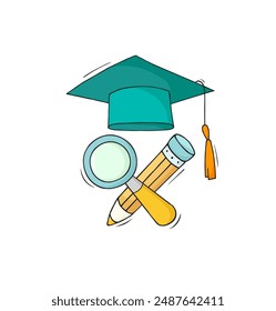 Doodle sombrero de estudiante graduado con iconos de lápiz y loupe. Educación en el concepto de universidad y universidad con boceto de la gorra del estudiante y los suministros escolares, Ilustración vectorial