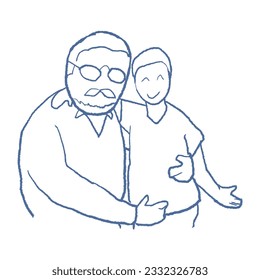 Doodle of grandfather and grandson hugging. Love in the family that results in children growing up with good mental health. The relationship between the old generation and the new generation.