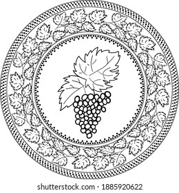 Doodle grapevine inside grape leaves framing mandala. Black on transparent vector coloring page