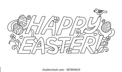Doodle graphic lettering "Happy Easter" isolated on white background. Vector illustration