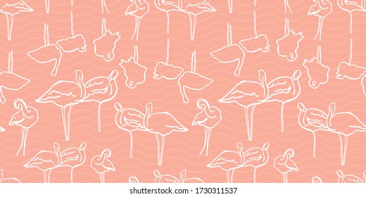 Doodle graphic outline flamingo summer pattern. Hand drawn flamingo bird with reflection on pink wavy background. Elegant simple summer backdrop.