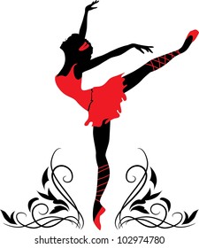 Doodle graphic silhouette of a woman.  Ballerina with floral ornament.