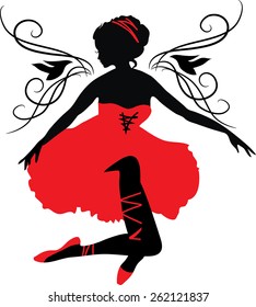 Doodle graphic silhouette of a woman.  Ballerina with floral ornament.