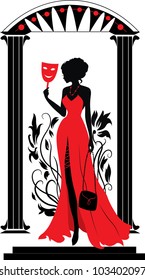 Doodle graphic silhouette of a woman. Theater with floral background