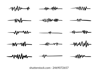 Doodle graphics of heartbeats, sound symbols and earthquakes.