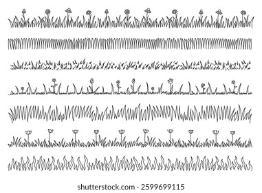 Doodle grass dividers. Decorative spring stripes with hand drawn lawn grasses and blooming flowers, meadow greenery. Floral borders line art vector set.