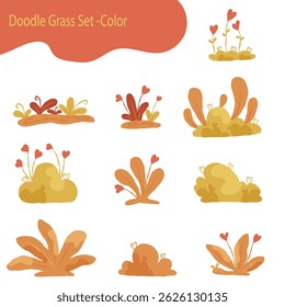 Doodle Grass Set with Heart -Shaped Flowers
