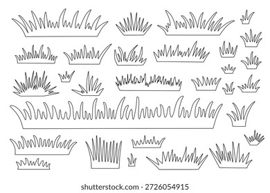 Doodle Gras-Set, einfache handgezeichnete Umriss Vektorgrafik für die Herstellung von Grenze, Banner, pflanzliche umweltfreundliche Konzept, Grün, Laub Inhalt, Frühling Ostern festliche Dekoration saisonale Clipart