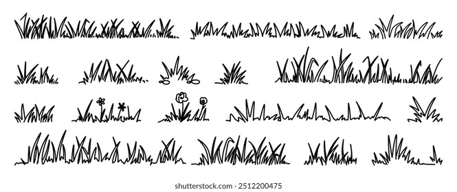 Hierba Doodle. Dibuja hierba natural. Esquema dibujado a mano de plantas herbáceas silvestres. Silueta de hierbas orgánicas, patrones y cuchillas. Frontera de hierbas y hierbas de jardín de manantiales, juego de Vectores.