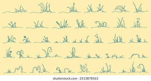 Doodle grass. Sketch natural field grass. Outline hand drawn wild grassy plants. Organic herb silhouette, patterns and blades. Springs garden herbal and grasses border, vector set