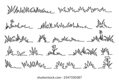 Doodle grass. Sketch natural field grass. Outline hand drawn wild grassy plants. Organic herb silhouette, patterns and blades. Springs garden herbal and grasses border, vector set.