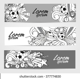 Doodle gray banners with soccer objects and decoration elements. Vector collection. Hand drawn outline style for web, poster, advertisement
