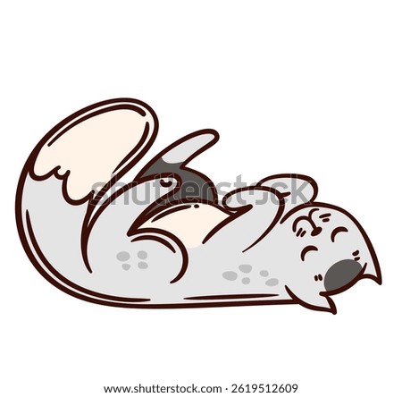 Doodle gray cat lies on back in playful pose. Vector illustration of light gray cheerful cat with closed eyes