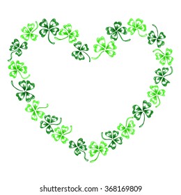 Doodle green clover shamrock heart Saint Patrick's Day vector line art isolated