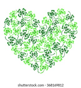 Doodle green clover shamrock heart Saint Patrick's Day vector line art isolated