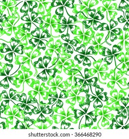 Doodle green clover shamrock Saint Patrick's Day vector line art seamless pattern
