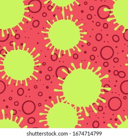 Doodle green corona virus shapes silhouette repeating pattern on a pink bubbles background.Template for medicine blogs, children booklets,backgrounds.